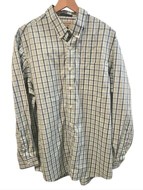 Duluth Trading Wrinkle Fighter Blue Green Plaid Cotton Button Down Large Tall
